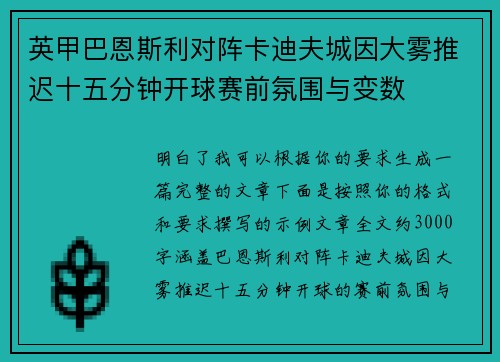 英甲巴恩斯利对阵卡迪夫城因大雾推迟十五分钟开球赛前氛围与变数