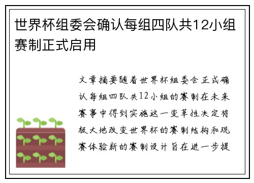 世界杯组委会确认每组四队共12小组赛制正式启用